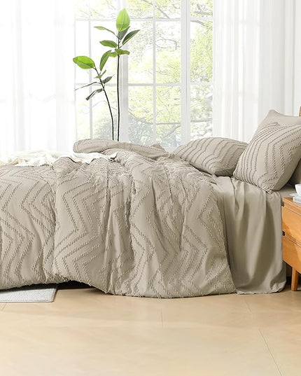 Litanika Light Hazel California King Size Comforter Set with Sheets - 7 Pieces Bed in a Bag California King Boho Tufted Complete Bedding Sets with Comforter, Sheets, Pillowcases & Shams