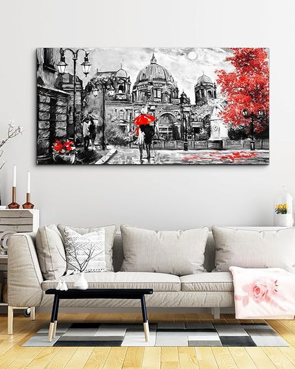 Black And White Buildings And Lovers Holding Umbrellas Under Street Lamps Canvas Art Print Artwork Wall Art For Living Room Large Size Wall Decor，Modern Home Decor Watercolor Wall Painting Decoration