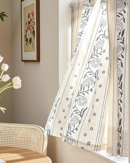jinchan Winslow Linen Curtains 45 Inch Length Small Window Curtains Embroidered Bordered Floral Drapes Light Filtering for Bathroom Laundry Room Kitchen Farmhouse Decor Blue on Beige 2 Panels