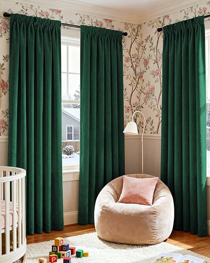 Lazzzy Velvet Blackout Curtains Thermal Insulated Room Window Drapes Super Soft Luxury Curtains for Living Room Bedroom Rod Pocket 2 Panels, Emerald Green, 52" W x 90" L