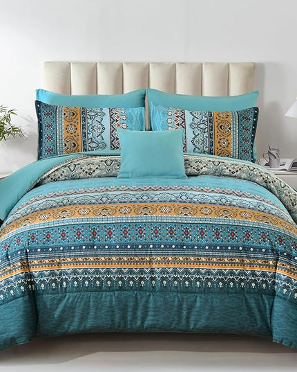 Cottolester Boho Queen Comforter Set 8 Pieces,Teal and Yellow Bohemian Comforter Paisley Striped Bed in A Bag,Soft Microfiber Bedding Set for All Season