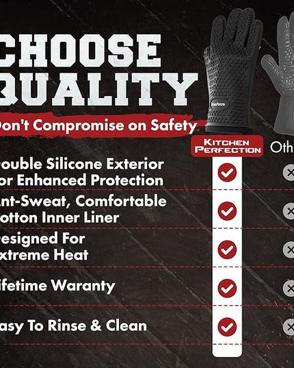 KITCHEN PERFECTION S Silicone Smoker Oven Gloves -Extreme Heat Resistant BBQ Gloves -Handle Hot Food Right on Your Grill Fryer Pit|Waterproof Oven Mitts |Superior Value Set+3 Bonuses