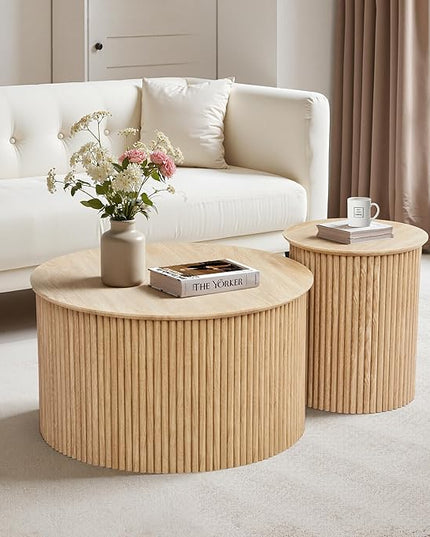 Fluted Round Nesting Coffee Table Set of 2, Mid Century Modern Wood Coffee Table and End Table Set, Minimalist Center Tables Circle Side Table for Living Room, Office(Natural)