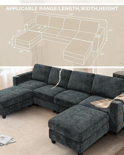 110" Chenille U-Shape Sofa with Flexible Ottomans, Comfy Sectional Sofa with 2 Built-in Cup Holders, Convertible 4 Seats Couch with Well-Filled Back Cushions for Living Room, House, Grey