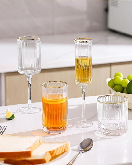 Lysenn Vintage Glassware Set - Ribbed & Fluted Wine, Champagne, Whiskey & Highball Glasses for Wedding or Party, Set of 4
