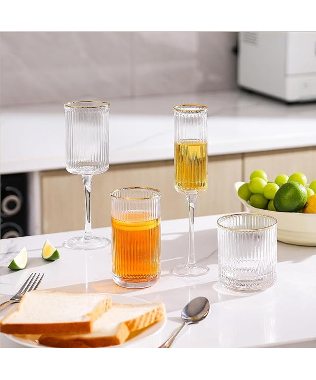 Lysenn Vintage Glassware Set - Ribbed & Fluted Wine, Champagne, Whiskey & Highball Glasses for Wedding or Party, Set of 4