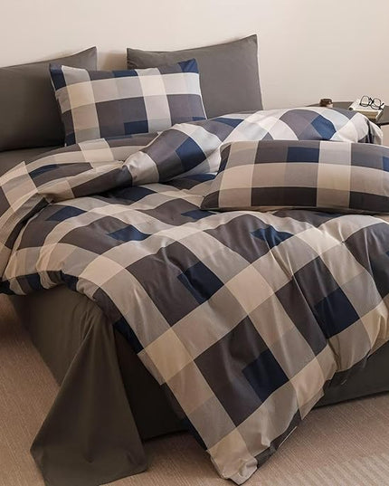 Luxlovery Checkered Navy Comforter Set King Gingham Bedding Set Men's Bedding Grid Bedding Set Fluffy Soft Cottagecore Khaki and Blue Blanket Quilts with 2 Pillowcases King Bed