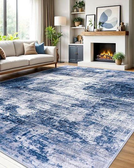 IOHOUZE Abstract Area Rugs 9x12 Ft Washable Large Rugs for Living Room, Non Slip Dining Room Rug, Printed Faux Wool Rugs for Bedroom, Floor Carpet for Office Nursery Playroom, Navy/Grey