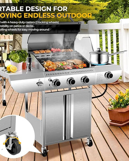 G31 pro Gas Grill 34,000 BTU 3-Burner Propane Grill with Side Burner, Stainless Steel BBQ Grill, Cast Iron Grates & Portable Cart with Wheels，Outdoor Barbecue Grill for Backyard, Patio, Camping