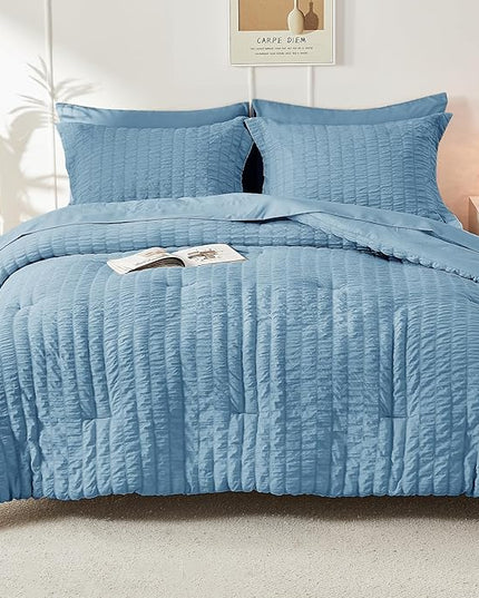 HYMOKEGE Mineral Blue Twin XL Comforter Set Seersucker 5 Pieces, All Season Luxury Bed in a Bag for Bedroom, Bedding Set with Comforter, Sheets, Pillowcase & Sham