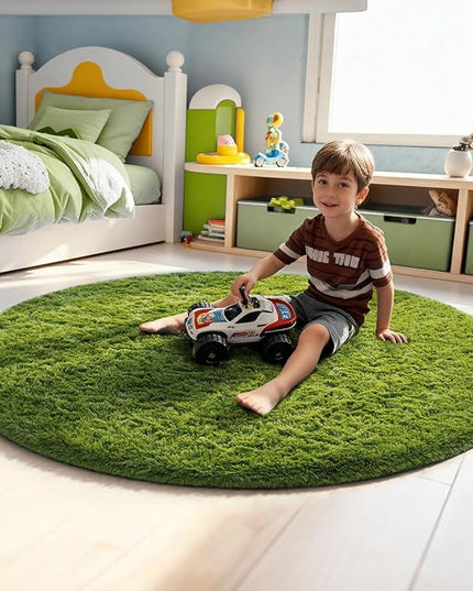 Ophanie Round Rug 5Ft Sage Green Circle Area Rug, Green Room Decor, Fluffy Fuzzy Bedroom Carpet, Plush Soft Shaggy Living Room Rugs for Kids Home Decor Aesthetic, Nursery