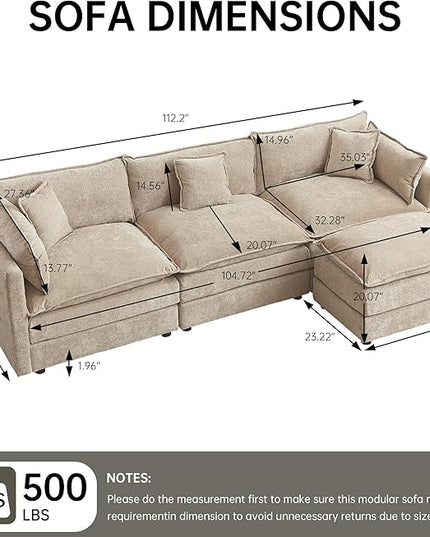 Modular Sectional Sofa, 112.2 Inch L Shaped Couch Set with Armrests, 3-Seater Comfy Cloud Couches for Living Room Apartment, Coffee