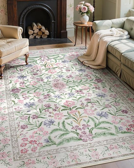 Wonnitar Floral Purple Rug for Bedroom, Washable 5x7 Area Rugs for Dorm, Boho Soft Non Slip Ultra-Thin Indoor Floor Carpet for Kids Room Nursery Living Room Classroom, Light Purple/Pink