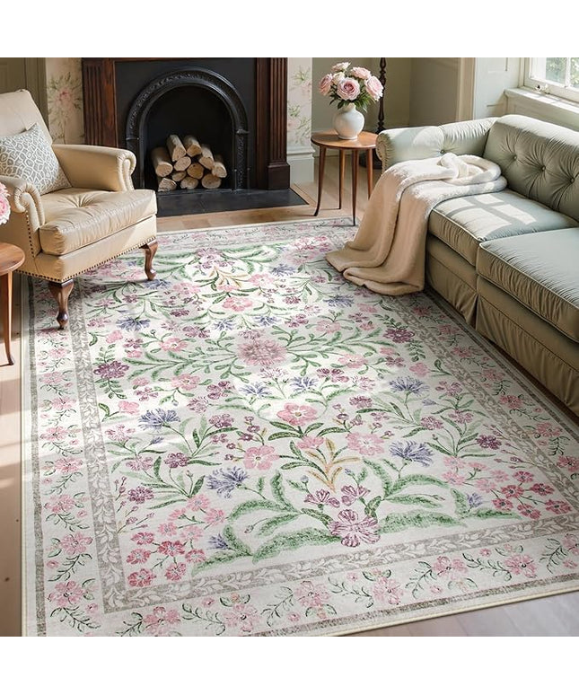 Wonnitar Floral Purple Rug for Bedroom, Washable 5x7 Area Rugs for Dorm, Boho Soft Non Slip Ultra-Thin Indoor Floor Carpet for Kids Room Nursery Living Room Classroom, Light Purple/Pink