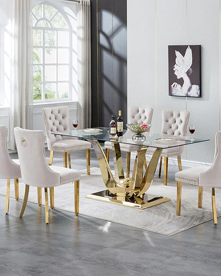 70" Rectangular Glass Dining Table for 4-6, Modern Kitchen Table for 6, U Shape Stainless Steel Base, Glass and Gold Dining Room Table for 6