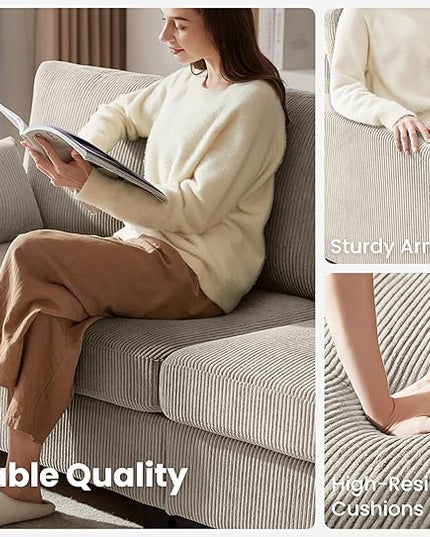 CHIC HOUSE Corduroy Modular Sectional Couch with Ottoman Chaise, L/U Shaped Sleeper Sofa for Living Room, Apartment, Lounge, Modern Armrest Neck Support Furniture (6 Seater Sectional, Beige)