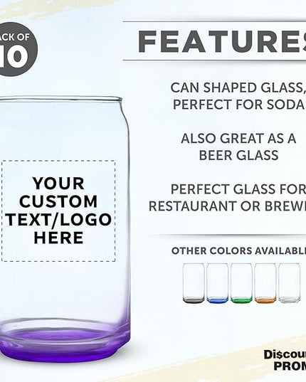 Custom Beer Can Glasses Set of 10, 16 oz. Pint Sized, Promotional Text, Logo, Soda Can Shape, Glassware, Purple