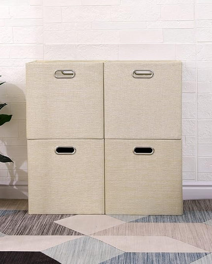 Cube Storage Bins 13×13 Inch Linen Foldable Box with Handles, Collapsible Organization Basket Set of 4 Large Capacity Drawer for Closet Shelf Cabinet Bookcase Bedroom, Beige