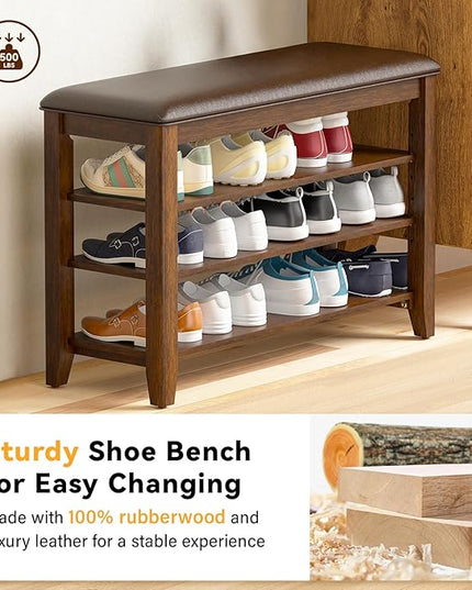 Entryway Shoe Storage Bench with Leather Cushion, Shoe Organizer Bench for Entryway, Ideal for Hallways Front Doors Entrances Mudrooms Featuring Rubberwood And 3 Height-Adjustable and Removable Shelve
