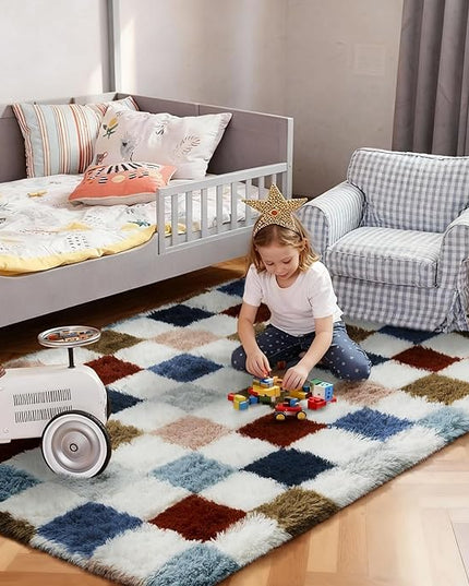 Ophanie Checkered Rainbow Rug for Living Room Bedroom, Colorful Fluffy Soft Cute Fuzzy Area Rugs, Shag Plush Shaggy Bedside Floor 4x6 Furry Carpet for Kids Baby Teen Dorm Nursery Home Decor Aesthetic