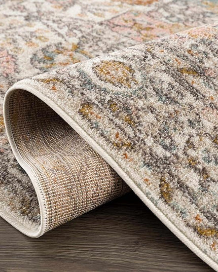 BoutiqueRugs Herstmonceux Boho Vintage Colorful Area Rug - Farmhouse Traditional Floral Rug for Living Room, Bedroom - Cream, Green, Sage, Red, Gray, Taupe, Coral - 6'7" Square