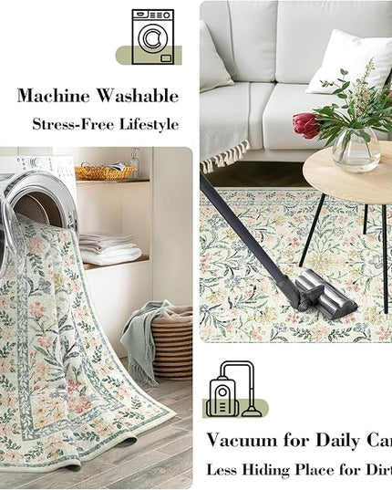 Wonnitar Floral Round Rugs 6ft, Boho Large Machine Washable Circle Rug, Low Pile Soft Flower Botanical Print Beige Round Carpet for Living Room Bedroom Dorm Sunroom