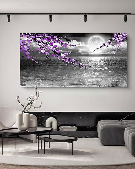 Large Purple Wall Art Decor for Living Room Bedroom Framed Black and White Seascape Full Moon Purple Flower Painting Canvas Picture Modern Hand-Painted Plum Blossom Artwork for Home Office