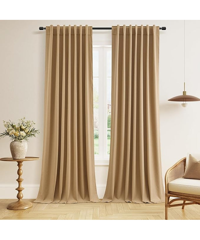 Guken Blackout Curtains 90 Inch Length 2 Panels Set for Living Room Bedroom Back Tab Thermal Insulated 100% Black Out Linen Drapes Room Darkening Window Curtains 90 Inches Long,Camel Brown