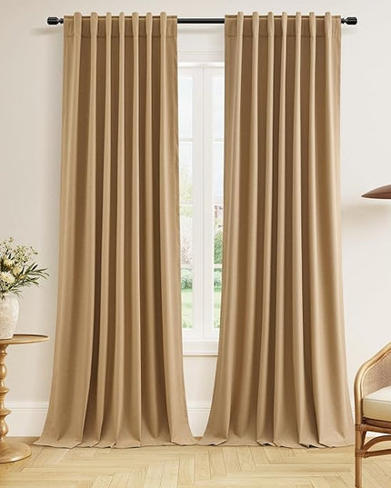 Guken 100% Blackout Linen Curtains 102 Inch Length 2 Panels Set for Living Room Bedroom Back Tab Thermal Insulated Black Out Linen Drapes Room Darkening Window Curtains,Camel Brown