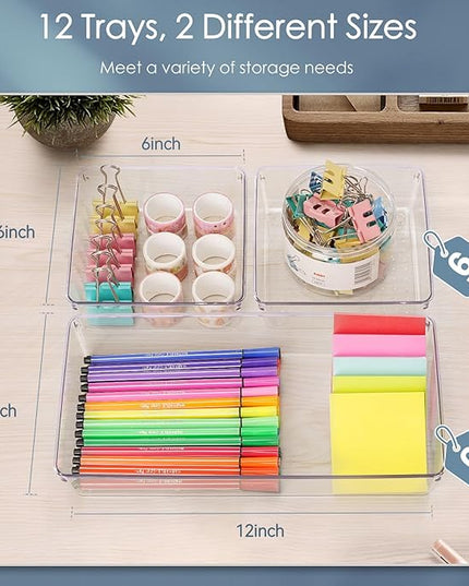 12 Pack Large Clear Plastic Drawer Organizer Set, Acrylic Bathroom Organizer Vanity Trays Dividers, Kitchen Organizers and Storage, Non-Slip Storage Bins for Makeup, Snacks, Office, Desk, Fridge