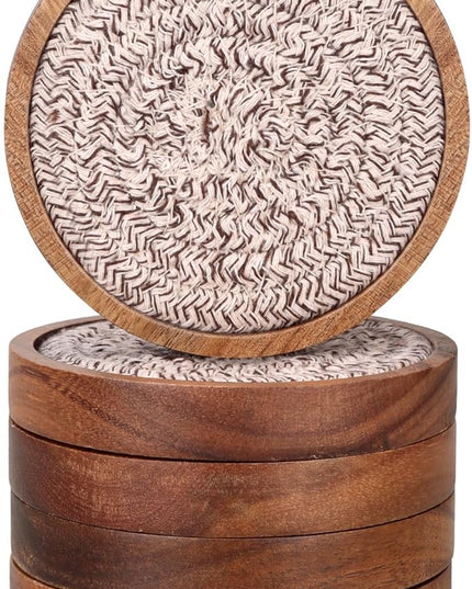 Best Absorbent Wooden Coasters Set of 5 Mixed Brown Woven Coaster Modern 4 Inches Acacia Wood Coasters for Drinks, Coffee Table Decor, Farmhouse, Bar, Office, Beer, Kitchen, Dining Room, Outdoor, Desk