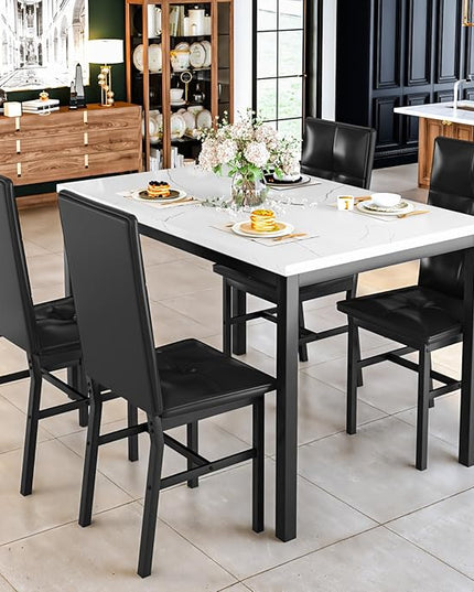 Hooseng Dining Table Set for 4, Modern Faux Marble Kitchen Table with 4 PU Leather Chairs, 5-Piece Small Dining Room Table Set for Dinette, Breakfast Nook