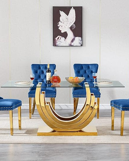 Henf 5-Piece Glass Dining Table Set with 4 Upholstered Dining Chairs,Large Glass Dining Room Table Set for 4, Modern Kitchen Table Furniture for Dining Room, Gold Dining Table and Chair Set for 4
