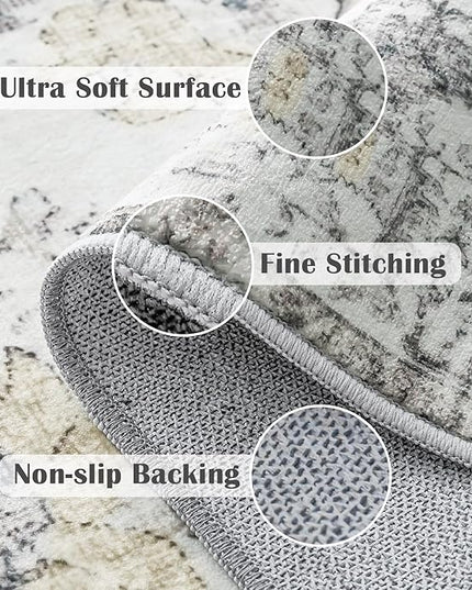 jinchan Area Rug 8x10 Washable Living Room Rug Soft Vintage Indoor Thin Retro Distressed Floor Cover Grey Floral Country Boho Rug Non Slip Carpet for Bedroom Office Dining Room