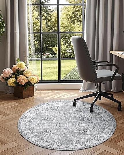 jinchan Fiora Round Rug 4ft Area Rug - Indoor Vintage Hallway Circle 4' Washable - Ultra-Thin Low Pile Soft Small Non Slip Distressed Floral Print for Living Room Dining Room Bedroom Entryway Grey