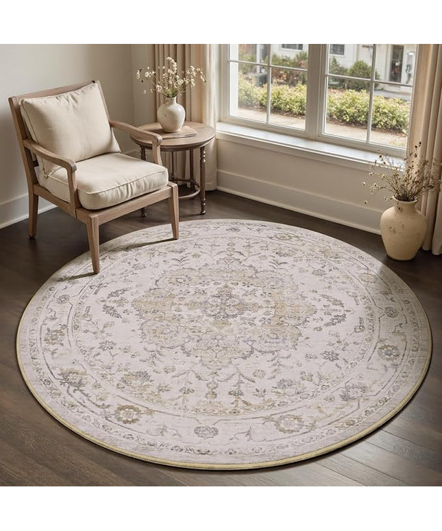PADOOR-Vintage 6FT Round Rug-Rugs for Living Room-Soft Beige Circle Rug-Machine Washable Rugs for Bedroom-Non Slip Carpet-Rug for Dining Room Living Room Bedside Office