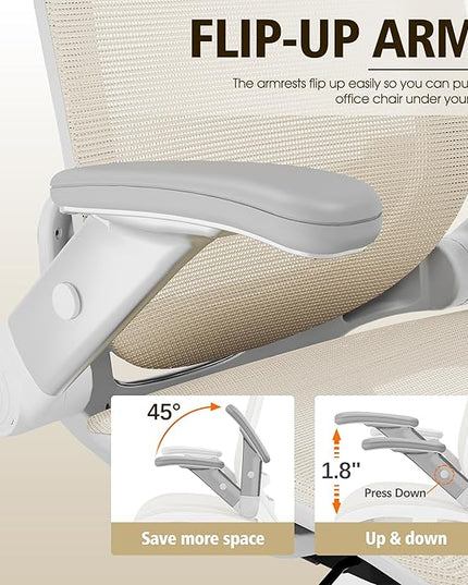 GABRYLLY Ergonomic Office Chair, High Back Home Desk Chair with Headrest, Flip-Up Arms, 90-120° Tilt Lock and Wide Cushion, 400LBS Mesh Chairs for Man Woman, White Task Chair(Beige,GY01WBG)