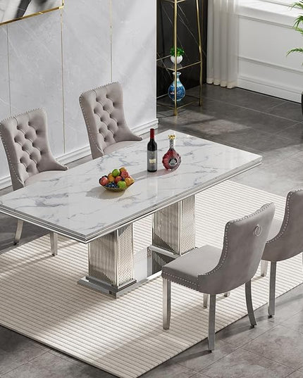 HomVent 68.11'' Faux Marble Dining Table Set for 4, Modern Rectangle Kitchen Table with Stainless Steel Base (Silver Table with 4 Grey Chairs, 5 Pieces)