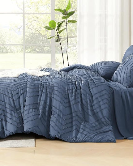 Litanika Full Size Comforter Set with Sheets Ocean Blue - 7 Pieces Bed in a Bag Full Chevron Tufted Complete Bedding Sets with Comforter, Sheets, Pillowcases & Shams