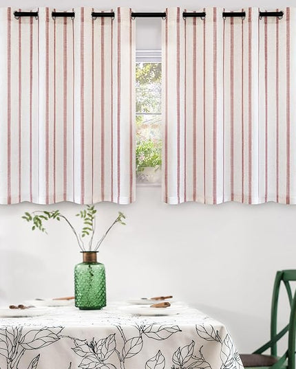 DriftAway Farmhouse Linen Blend Blackout Curtains 36 Inches Long for Bedroom Vertical Striped Printed Linen Curtains Thermal Insulated Lined Treatments for Living Room 2 Panels W52 x L36 Red