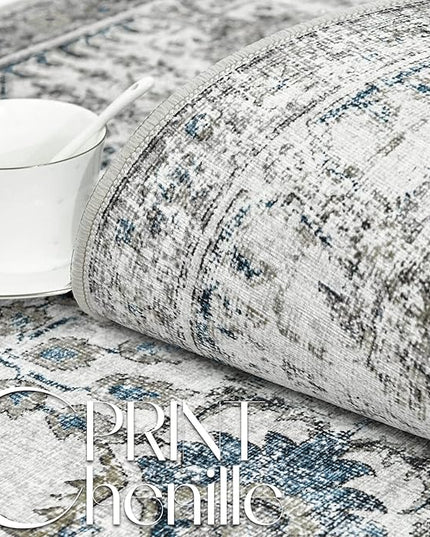 jinchan Kalen Runner Rug 3x7 Washable Hallway Rug Vintage Runner Indoor Floor Cover Thin Retro Distressed Floral Country Non Slip Carpet for Entryway Bathroom Kitchen Bedroom Living Room Stairway Blue