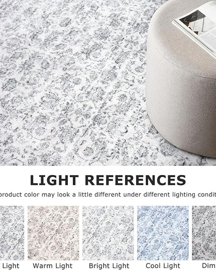 3x5 Washable Area Rug for Entryway, Grey Blue White Soft Distressed Floral Rug with Non-Slip, Low-Pile Vintage Area Rugs for Living Room, Bedroom, Dorm Carpet with Non-Shedding