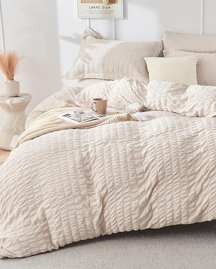 HYMOKEGE Beige Queen Comforter Set Seersucker 7 Pieces, All Season Luxury Bed in a Bag for Bedroom, Bedding Set with Comforters, Sheets, Pillowcases & Shams