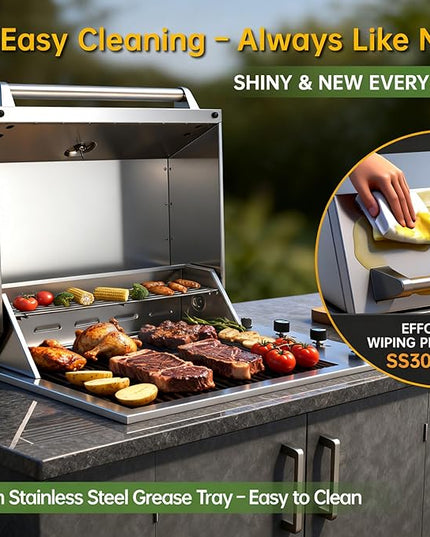 34-Inch Premium Built-In Liquid Propane Griddle for Outdoor Kitchen, 3-Burner Heavy Duty Stainless Steel Flat Top Grill with Lid, 48,000 BTUs, Large Cooking Area for BBQ Island, Outdoor Cooking,Silver