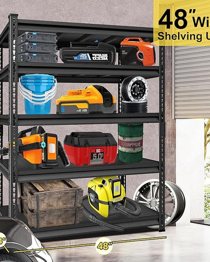 Metal Heavy Duty Garage Shelves: 48''W 3,000Lbs Steel Adjustable Storage Industrial Utility Shelving Rack Units 5 Tier Black 48" W x 24" D x 78" H