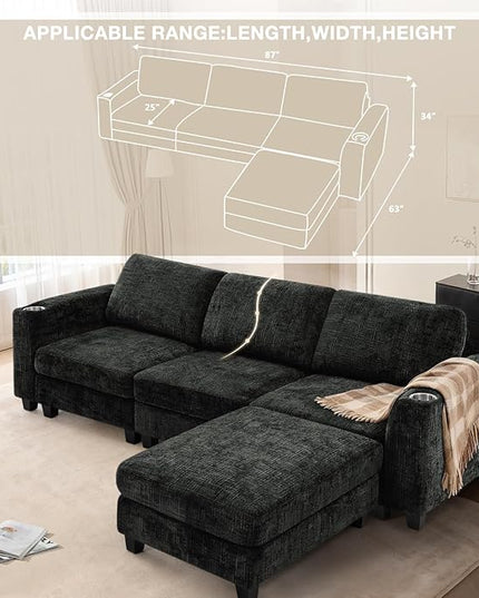 87" Chenille Sectional Sofa with Movable Ottomans, Modular L-Shape Couch with Cup Holders, Convertible 3 Seater Sofa with Well-Filled Backrest Cushions for Living Room, House, Black