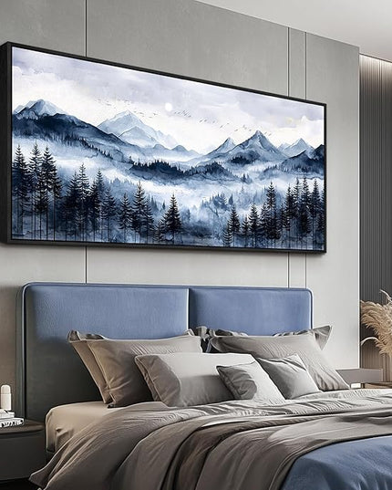 ERQINHUA Canvas Wall Art For Bedroom Large Wall Decor For Living Room Office Mural Misty and Fog Forest Painting Mountain Landscape Picture Artworks Home Decor Black Framed Ready To Hang 32x72 In