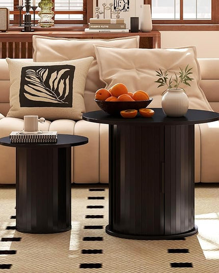 COSVALVE Round Wood Fluted End Table, 15.7” Circle Farmhouse Side Table Sets for Living Room, Bedroom, Balcony, Small Spaces, Black