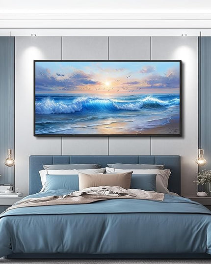 XIGUANGART Ocean Canvas Wall Art, Blue Sea Wave and Large Coastal Beach Paintings Sunset Seascape Pictures Framed Artwork Wall Decor for Living Room Bedroom Bathroom Kitchen Hallway Home Office