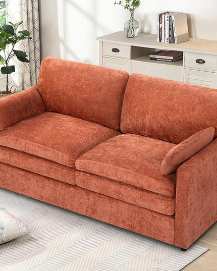 69" Chenille Modern Couch with Cozy & Soft Backrests, 2 Seats Sofa with 2 Extra Pillows, Comfy Upholstered Sofa with Thicker Cushions for Living Room, Office, Orange